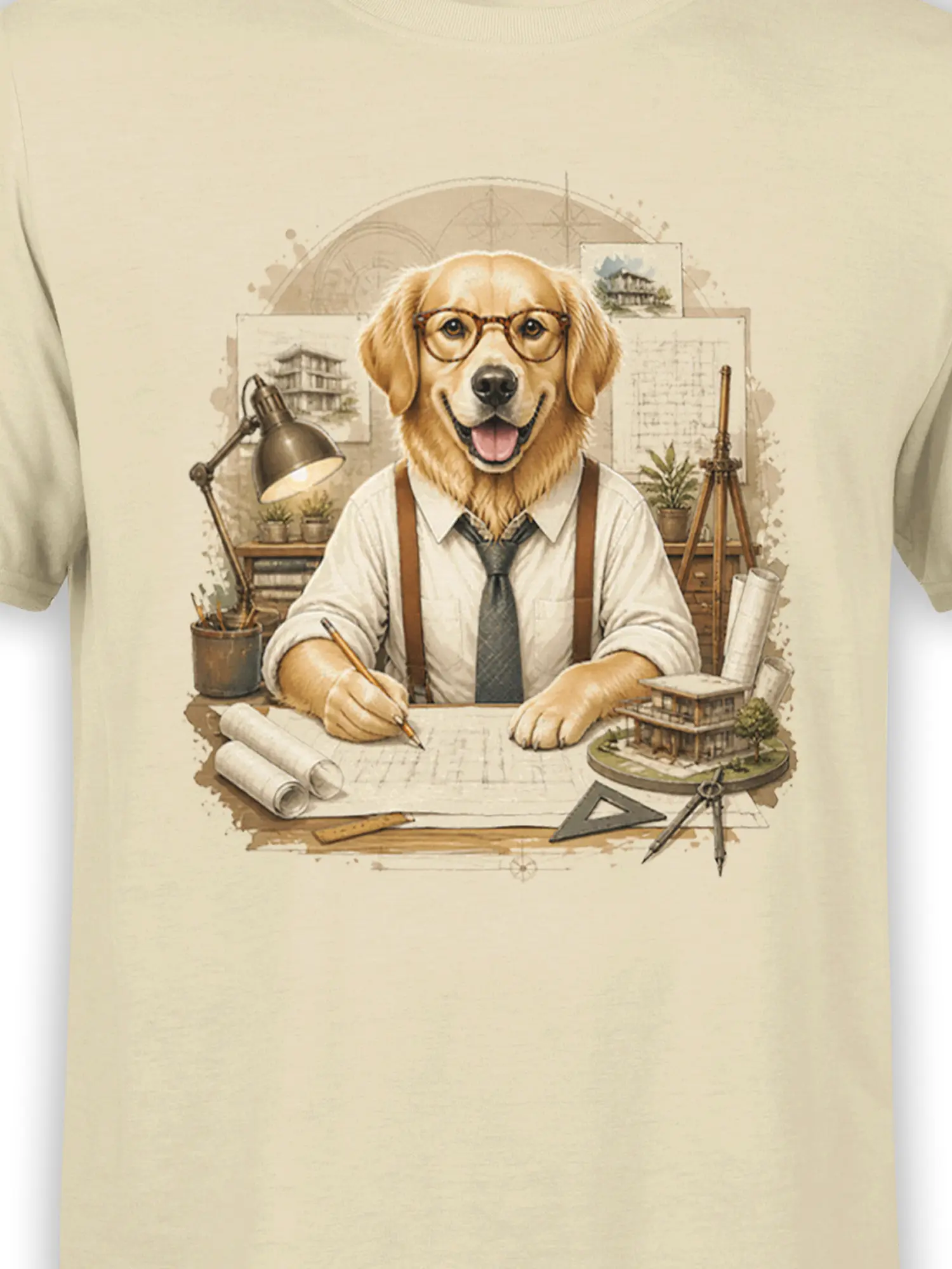 Close-up of golden retriever architect graphic with glasses, tie, blueprints, and architectural tools on beige cotton fabric
