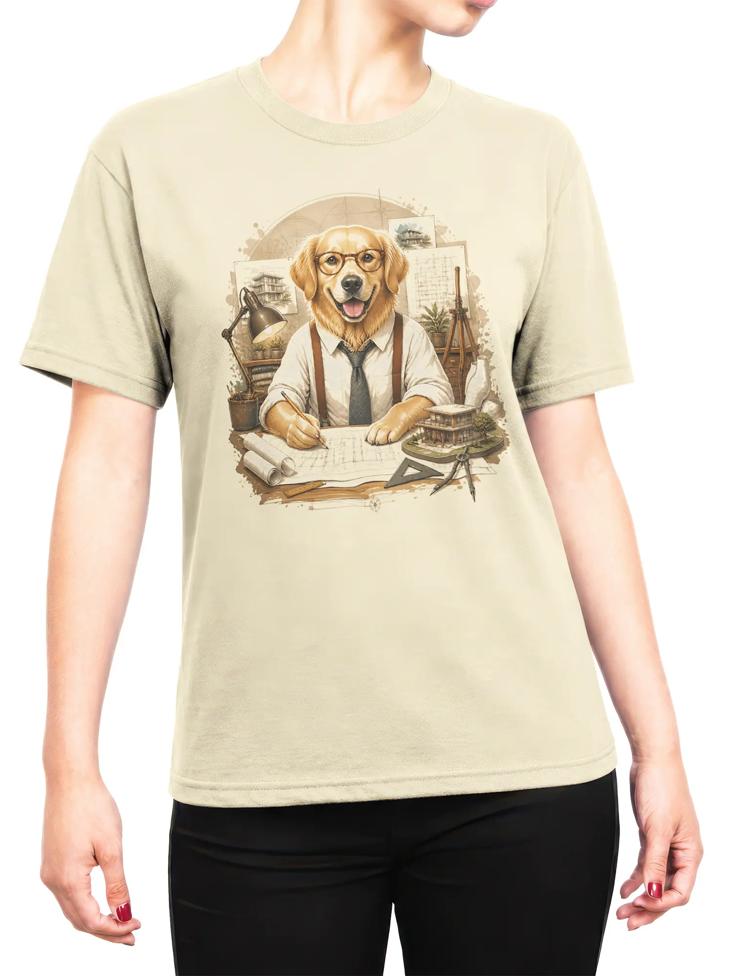 Woman wearing beige golden retriever architect t-shirt with detailed drafting table design