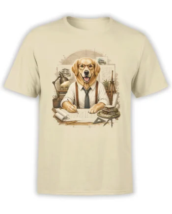 Beige unisex t-shirt featuring a golden retriever architect at a drafting table with blueprints, lamp, and model house in a vintage illustration style