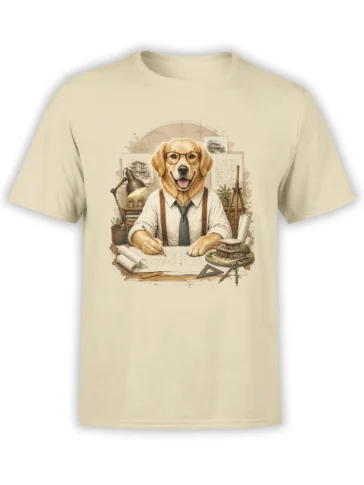 Beige unisex t-shirt featuring a golden retriever architect at a drafting table with blueprints, lamp, and model house in a vintage illustration style