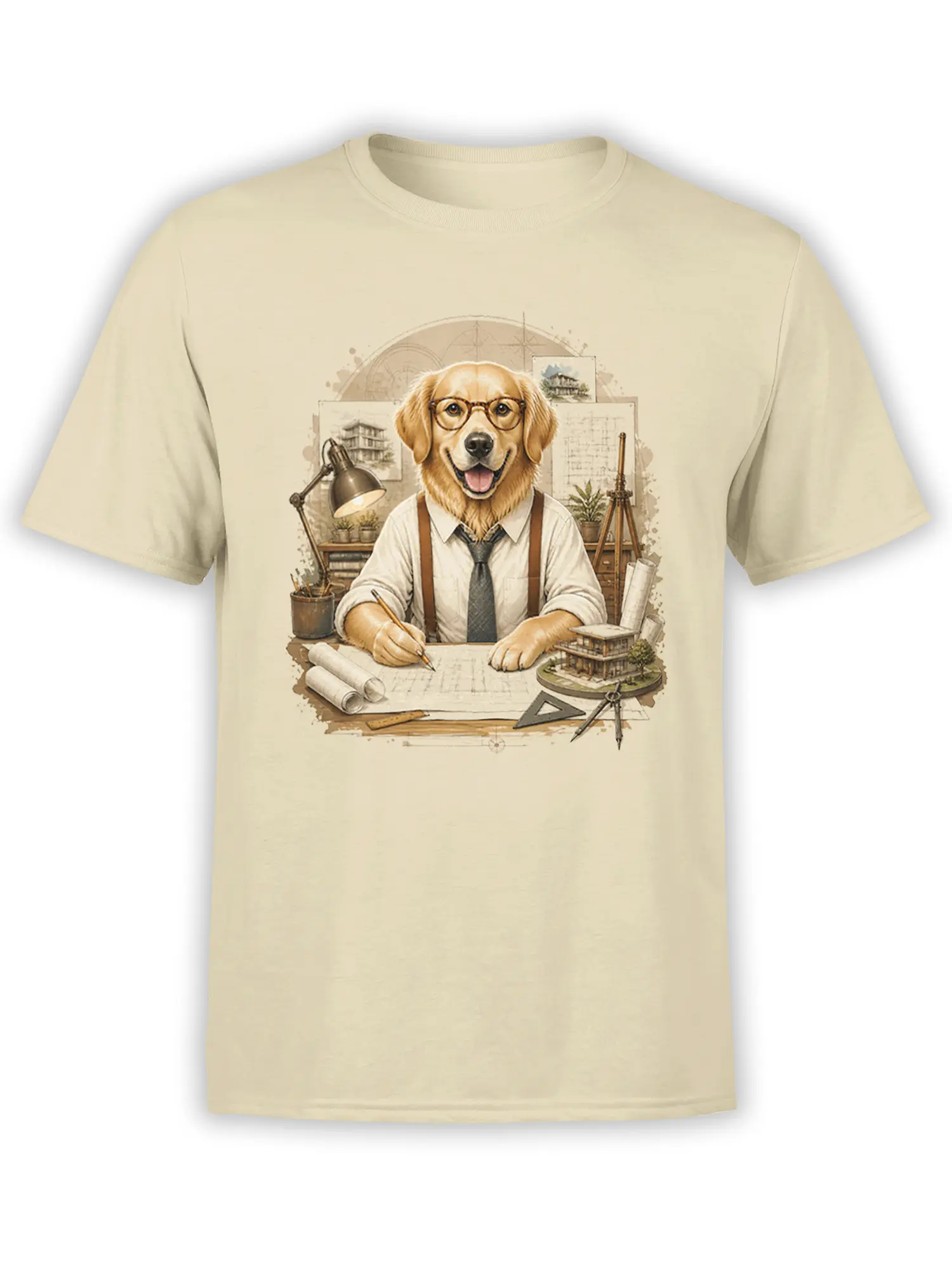 Beige unisex t-shirt featuring a golden retriever architect at a drafting table with blueprints, lamp, and model house in a vintage illustration style