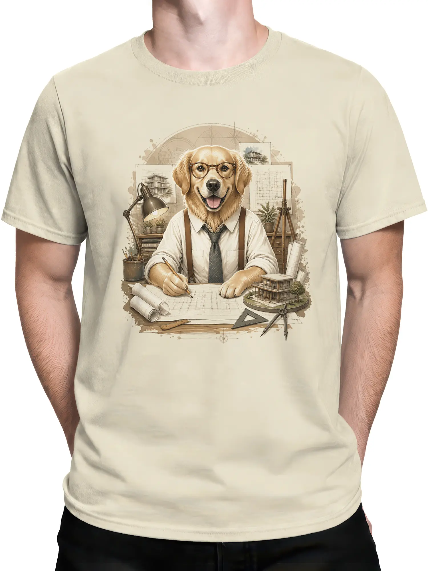 Man wearing beige golden retriever architect t-shirt with blueprints and model house artwork