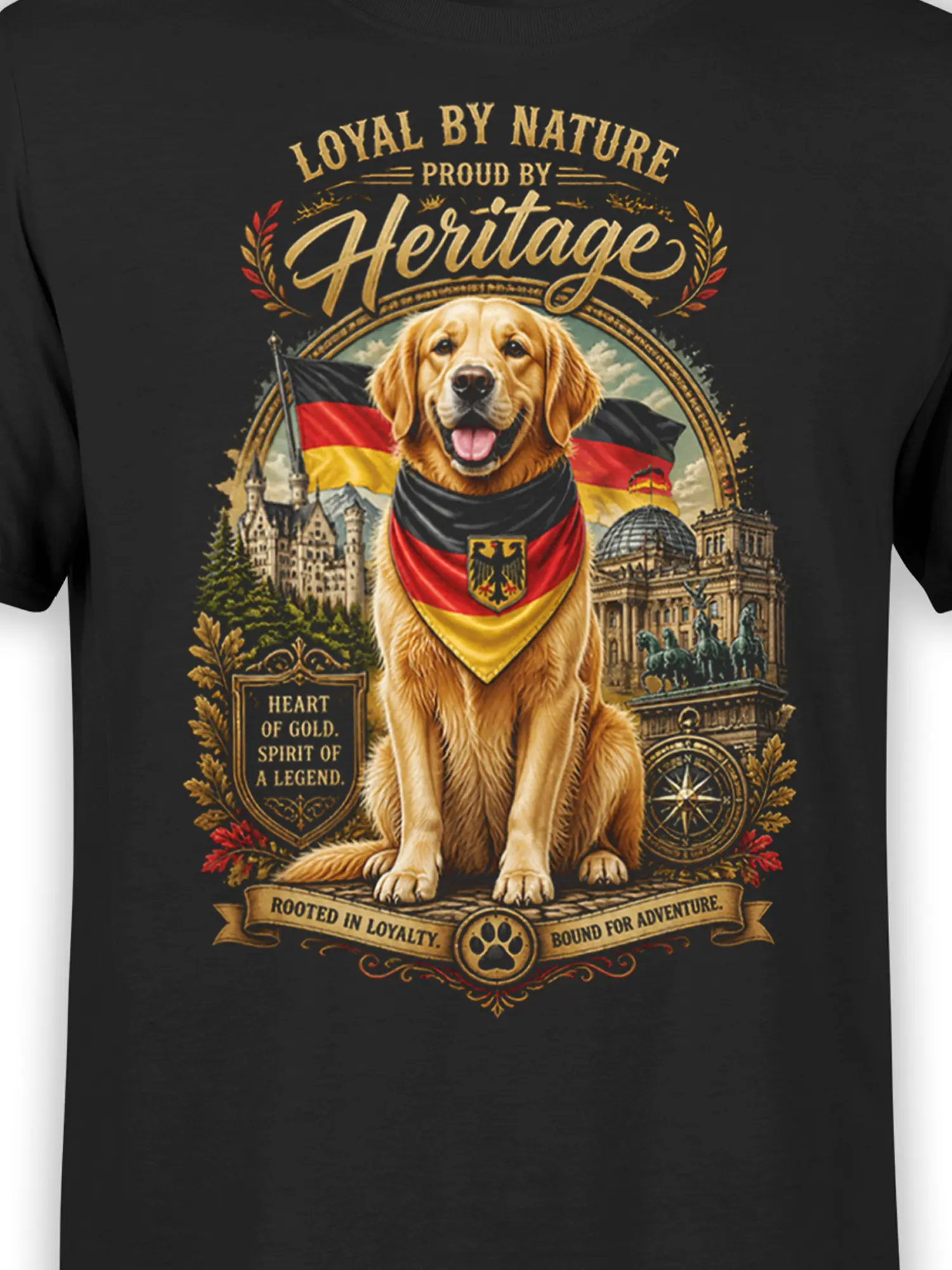 Close-up of golden retriever and German flag artwork with landmarks and loyalty text on black cotton fabric