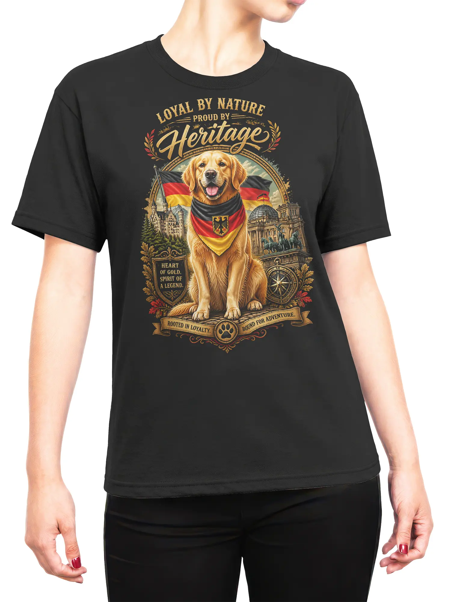 Woman wearing black golden retriever German heritage T-shirt with patriotic dog and landmark artwork