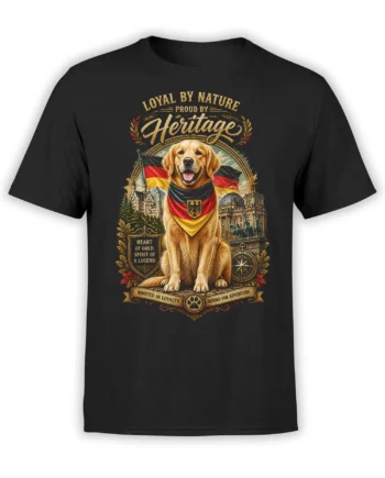 Black unisex T-shirt with a patriotic golden retriever in a German flag scarf framed by detailed German landmarks and vintage gold accents