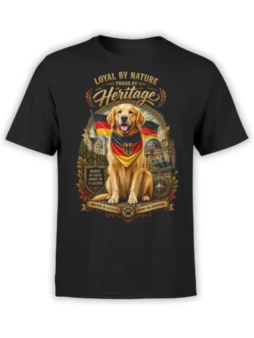 Black unisex T-shirt with a patriotic golden retriever in a German flag scarf framed by detailed German landmarks and vintage gold accents