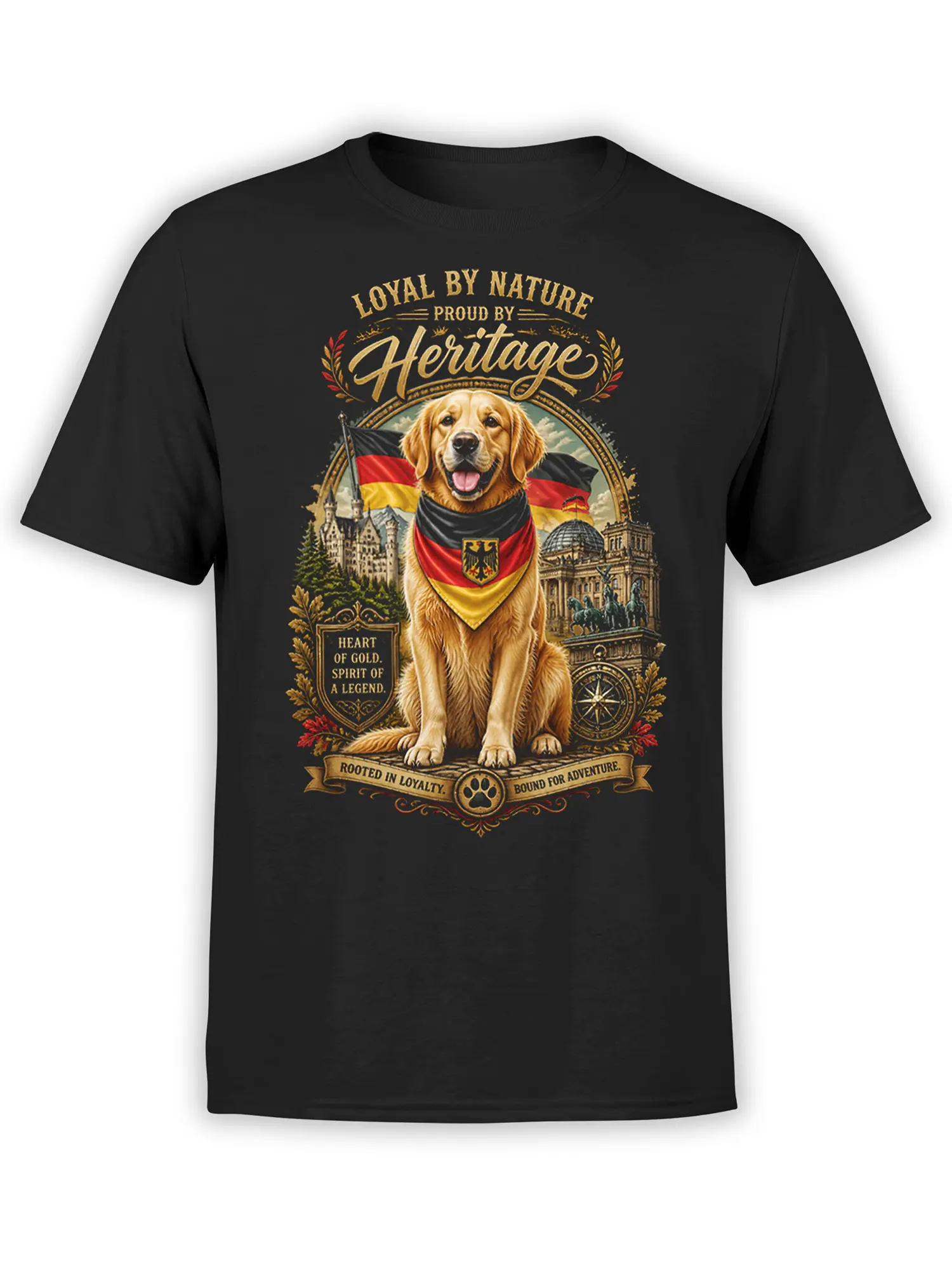 Black unisex T-shirt with a patriotic golden retriever in a German flag scarf framed by detailed German landmarks and vintage gold accents