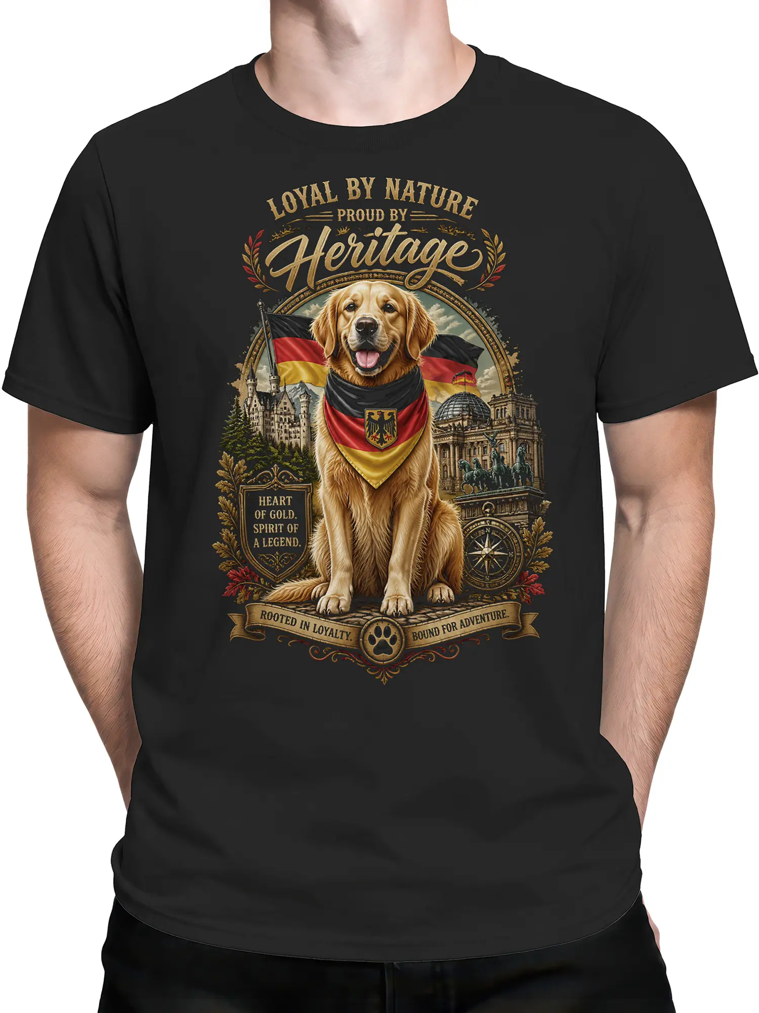 Man wearing black patriotic golden retriever German flag T-shirt with detailed landmarks