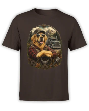 brown unisex t-shirt with golden retriever trucker in sunglasses and cap standing before a semi truck on a mountain highway scene