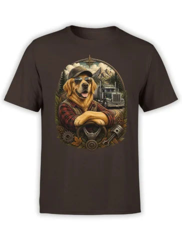brown unisex t-shirt with golden retriever trucker in sunglasses and cap standing before a semi truck on a mountain highway scene