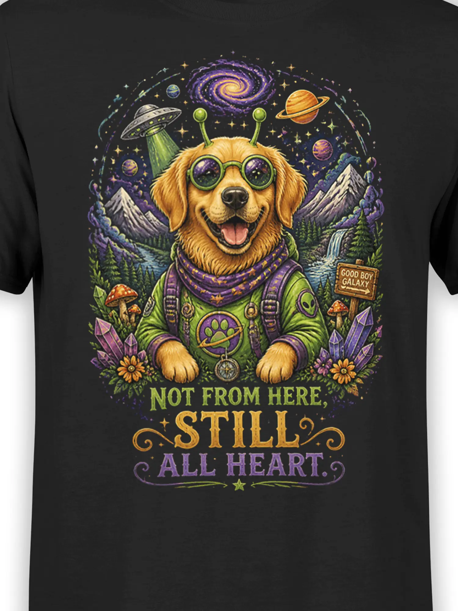 Close-up of alien golden retriever graphic with planets, UFO, crystals, and “Not From Here, Still All Heart” quote on black cotton