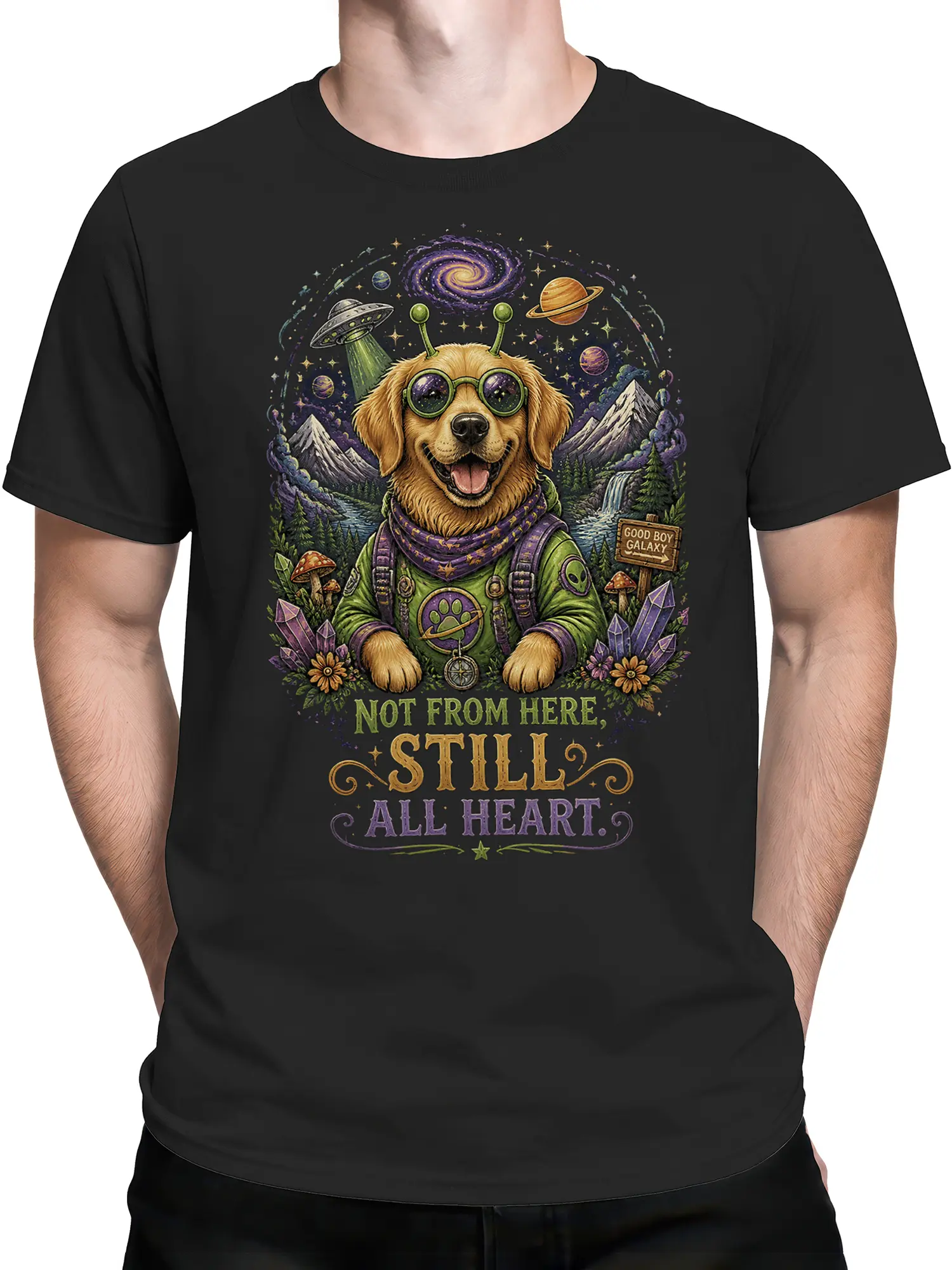 Man wearing black golden retriever space dog t-shirt with colorful galaxy and heartwarming quote