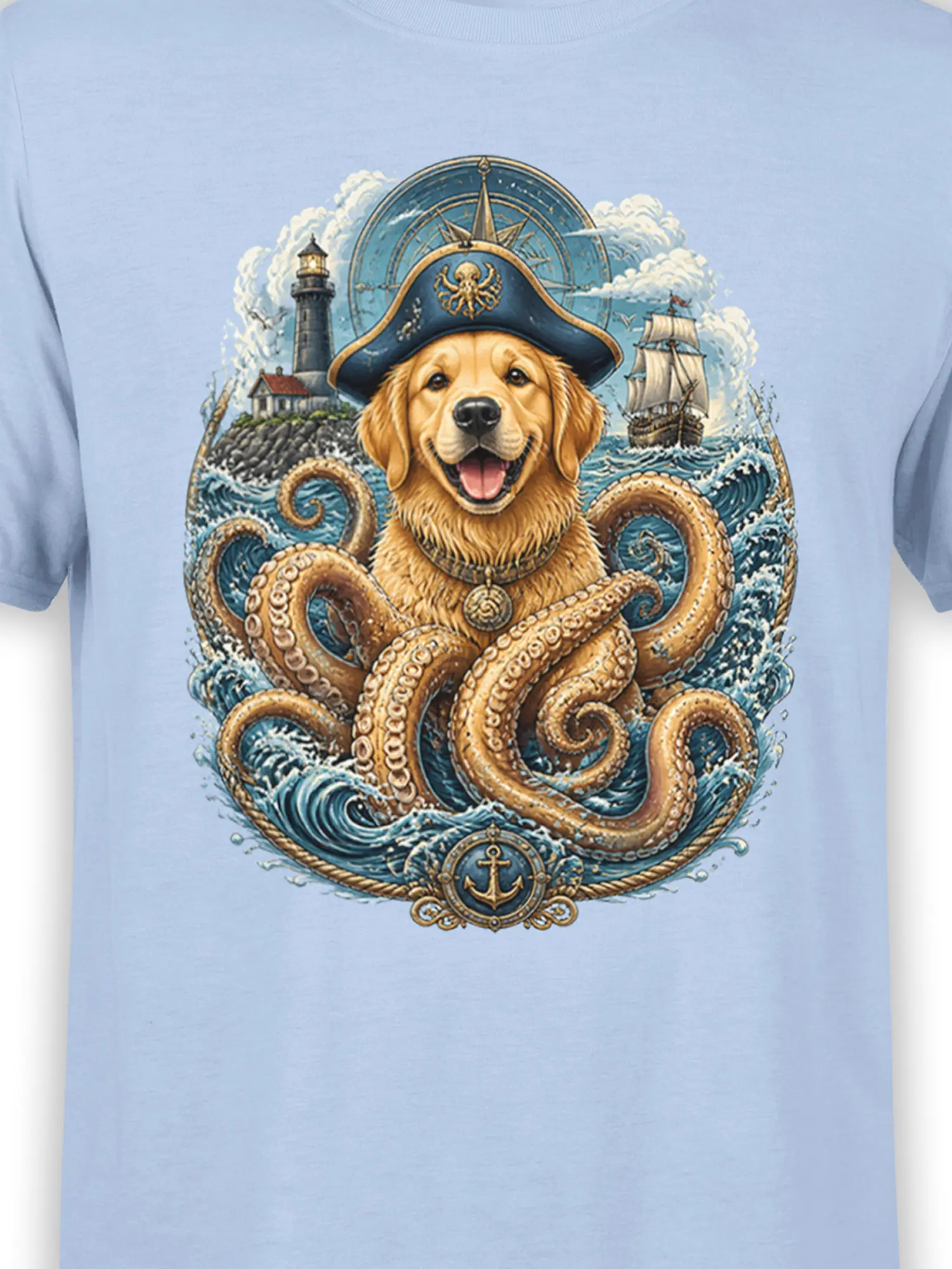Close-up of golden retriever pirate with kraken tentacles and nautical background on light blue cotton shirt
