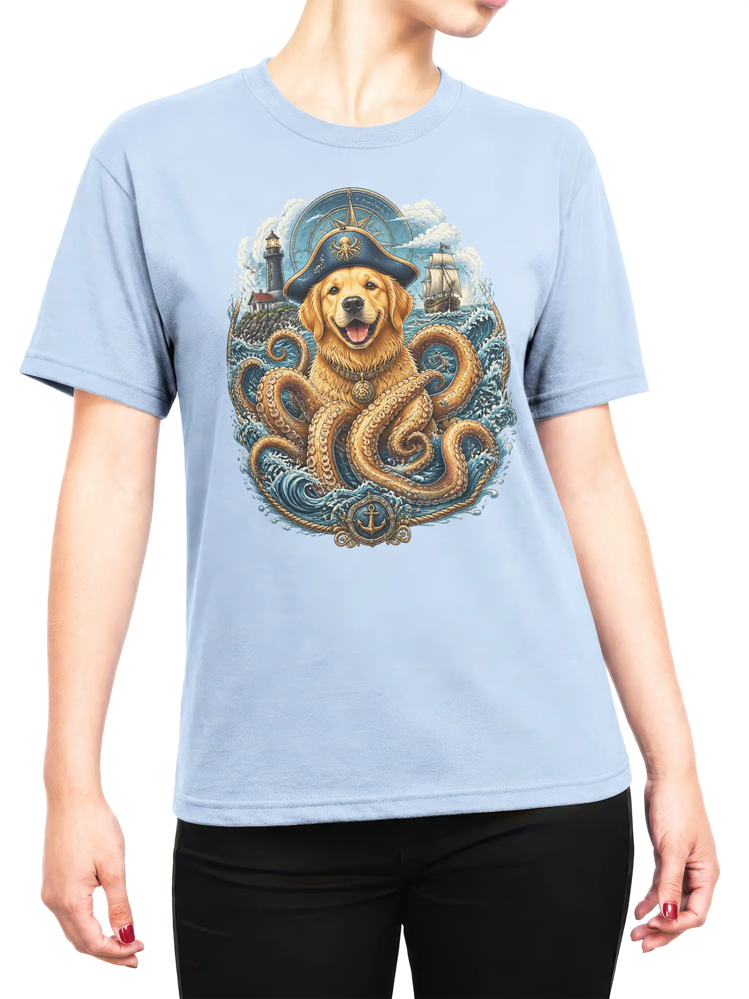 Woman wearing light blue golden retriever pirate kraken nautical tee with detailed sea artwork