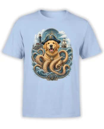 Light blue unisex t-shirt with a detailed golden retriever pirate fused with kraken tentacles, lighthouse, ship, and compass in a nautical design
