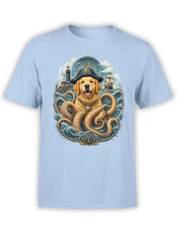 Light blue unisex t-shirt with a detailed golden retriever pirate fused with kraken tentacles, lighthouse, ship, and compass in a nautical design