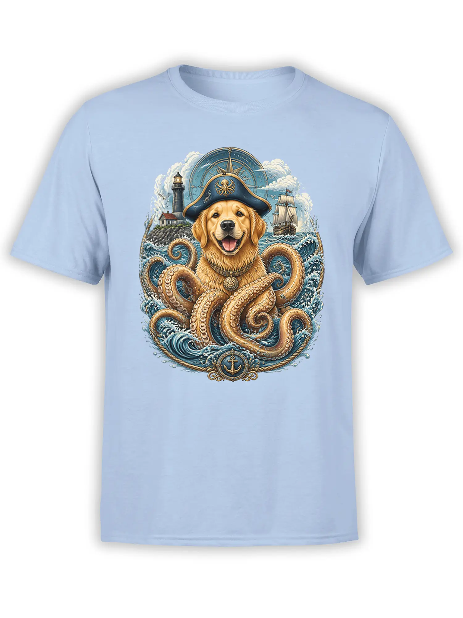 Light blue unisex t-shirt with a detailed golden retriever pirate fused with kraken tentacles, lighthouse, ship, and compass in a nautical design