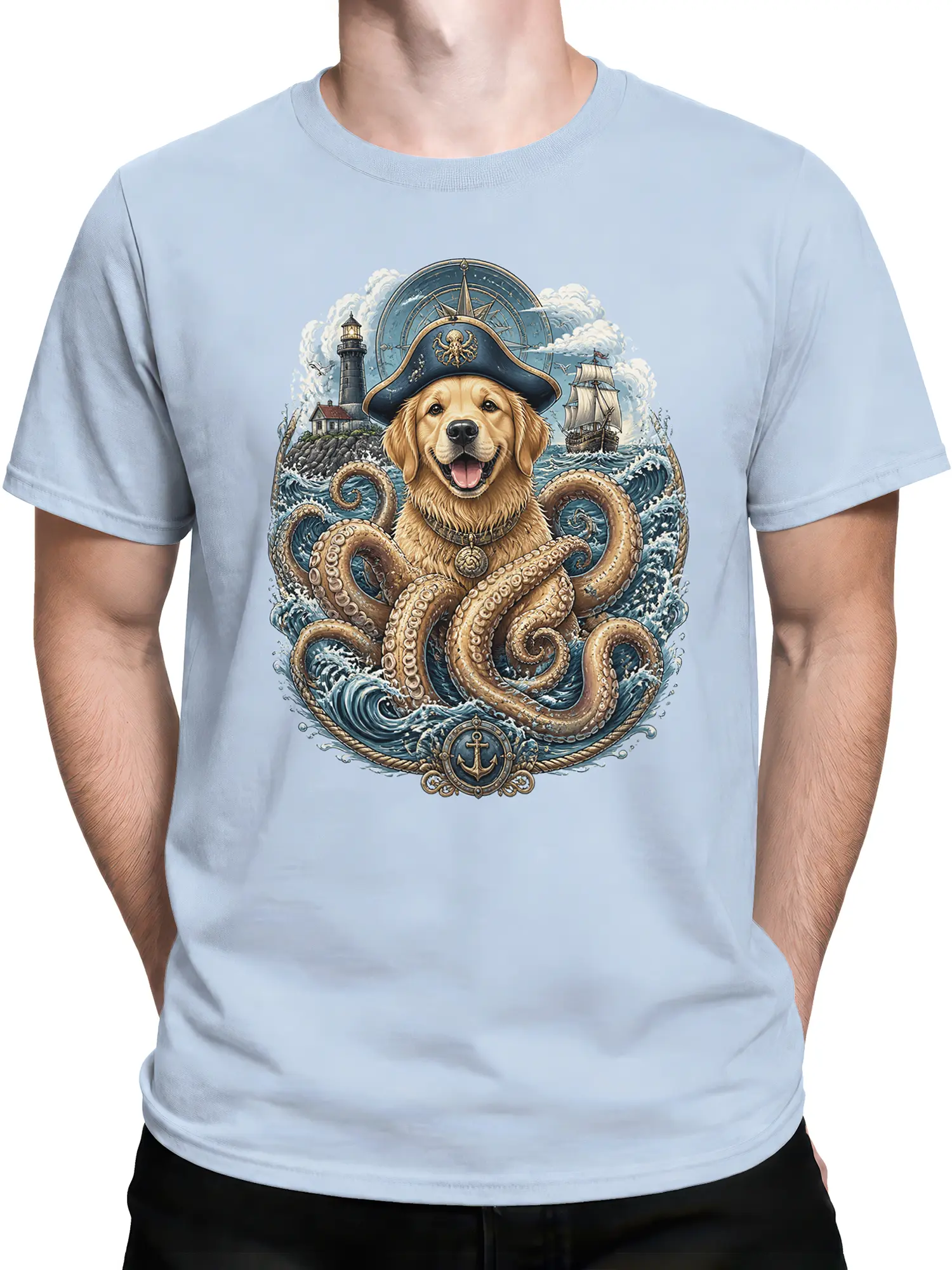 Man wearing light blue t-shirt with golden retriever pirate and kraken tentacle nautical graphic