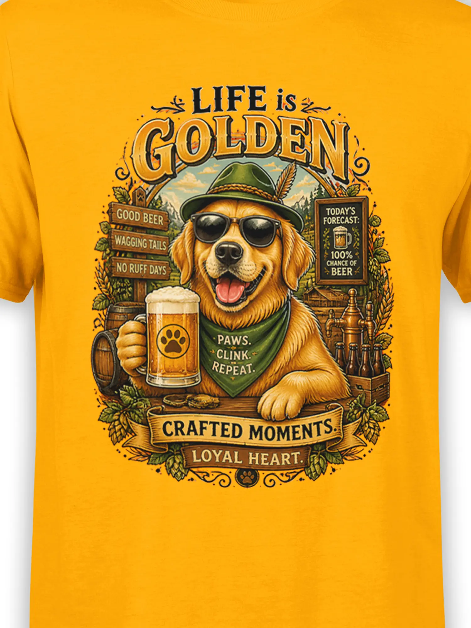 close-up of Life Is Golden golden retriever artwork with sunglasses, beer mug, signs, and hops on yellow fabric