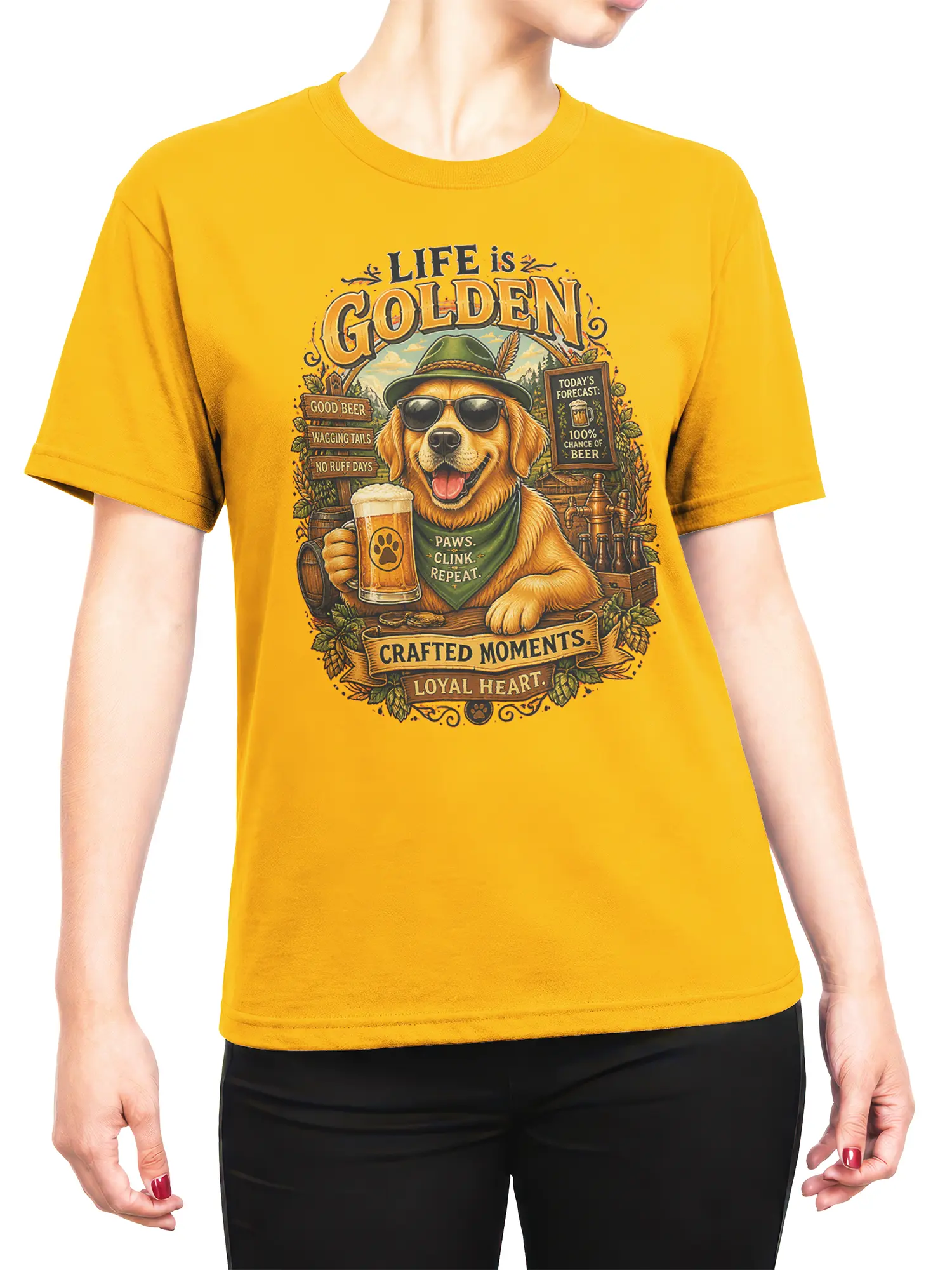 female model wearing yellow Life Is Golden golden retriever beer t-shirt with vintage pub style design