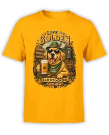 yellow unisex t-shirt with a detailed Life Is Golden golden retriever design holding a beer mug in a vintage pub style illustration