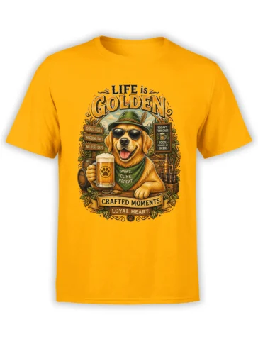 yellow unisex t-shirt with a detailed Life Is Golden golden retriever design holding a beer mug in a vintage pub style illustration