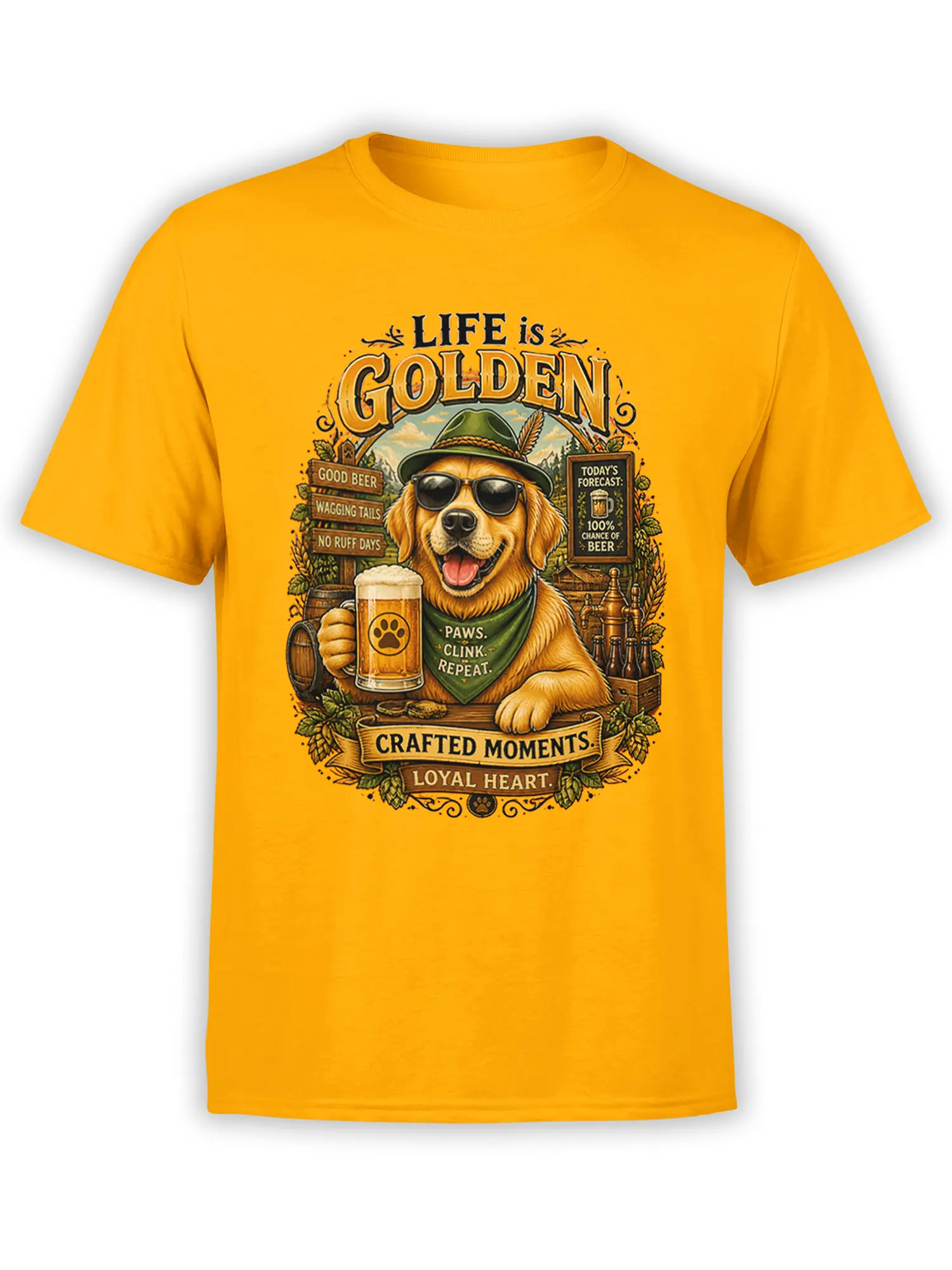 yellow unisex t-shirt with a detailed Life Is Golden golden retriever design holding a beer mug in a vintage pub style illustration