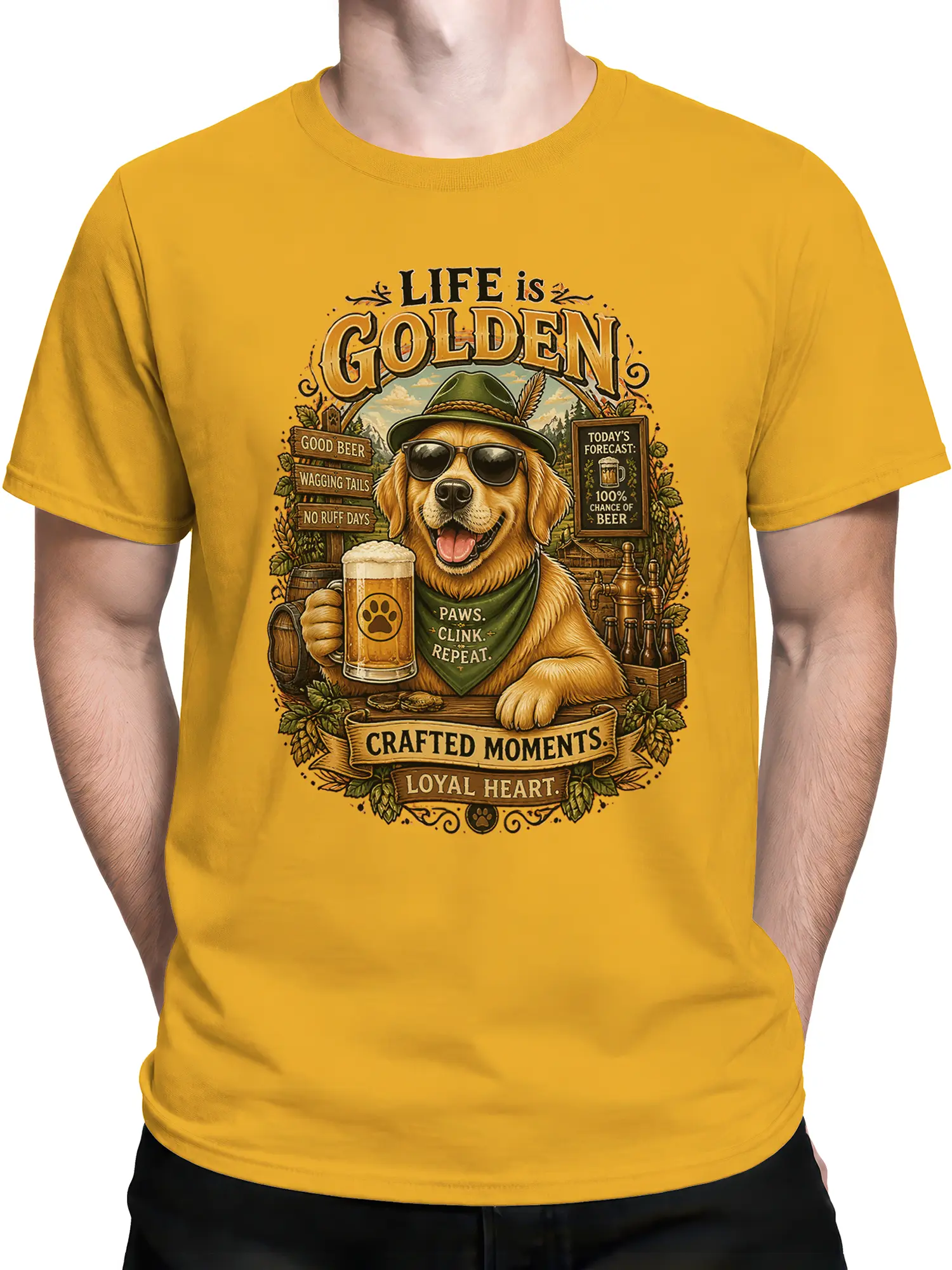 male model wearing yellow golden retriever Life Is Golden beer t-shirt with detailed pub artwork