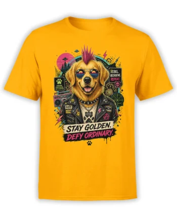 yellow unisex t-shirt with neon punk golden retriever in leather jacket and Stay Golden Defy Ordinary slogan in vibrant retro colors