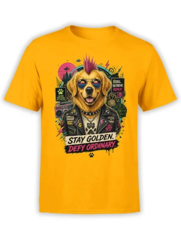 yellow unisex t-shirt with neon punk golden retriever in leather jacket and Stay Golden Defy Ordinary slogan in vibrant retro colors