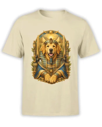 Beige unisex t-shirt with a golden retriever pharaoh graphic framed by pyramids, obelisks and Egyptian symbols in blue and gold