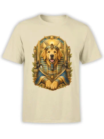 Beige unisex t-shirt with a golden retriever pharaoh graphic framed by pyramids, obelisks and Egyptian symbols in blue and gold