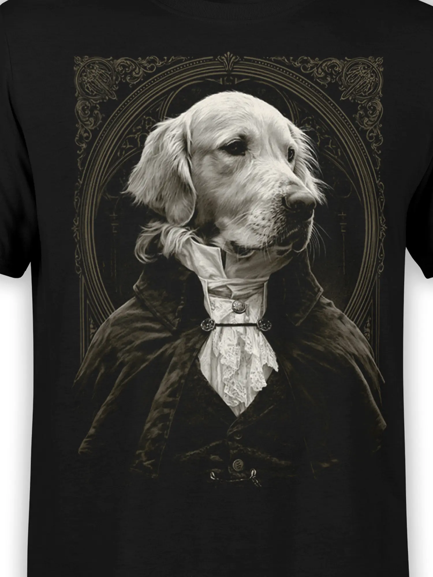 close-up of the golden retriever in Victorian clothing with lace cravat and ornate frame on a black cotton shirt