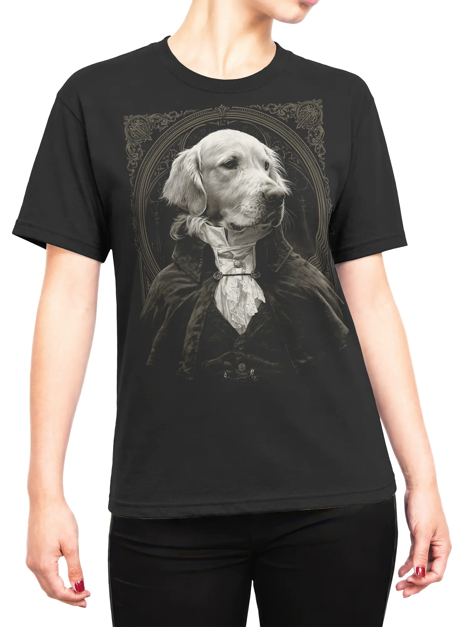 female model wearing black tee with golden retriever aristocrat portrait centered on the front
