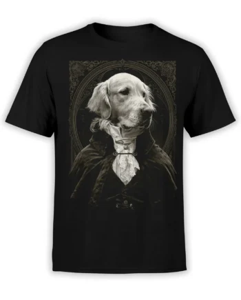 black unisex t-shirt with a vintage-style golden retriever aristocrat portrait framed in ornate baroque detail on the chest
