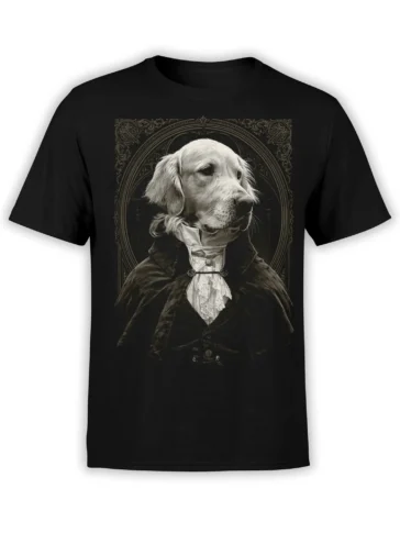 black unisex t-shirt with a vintage-style golden retriever aristocrat portrait framed in ornate baroque detail on the chest