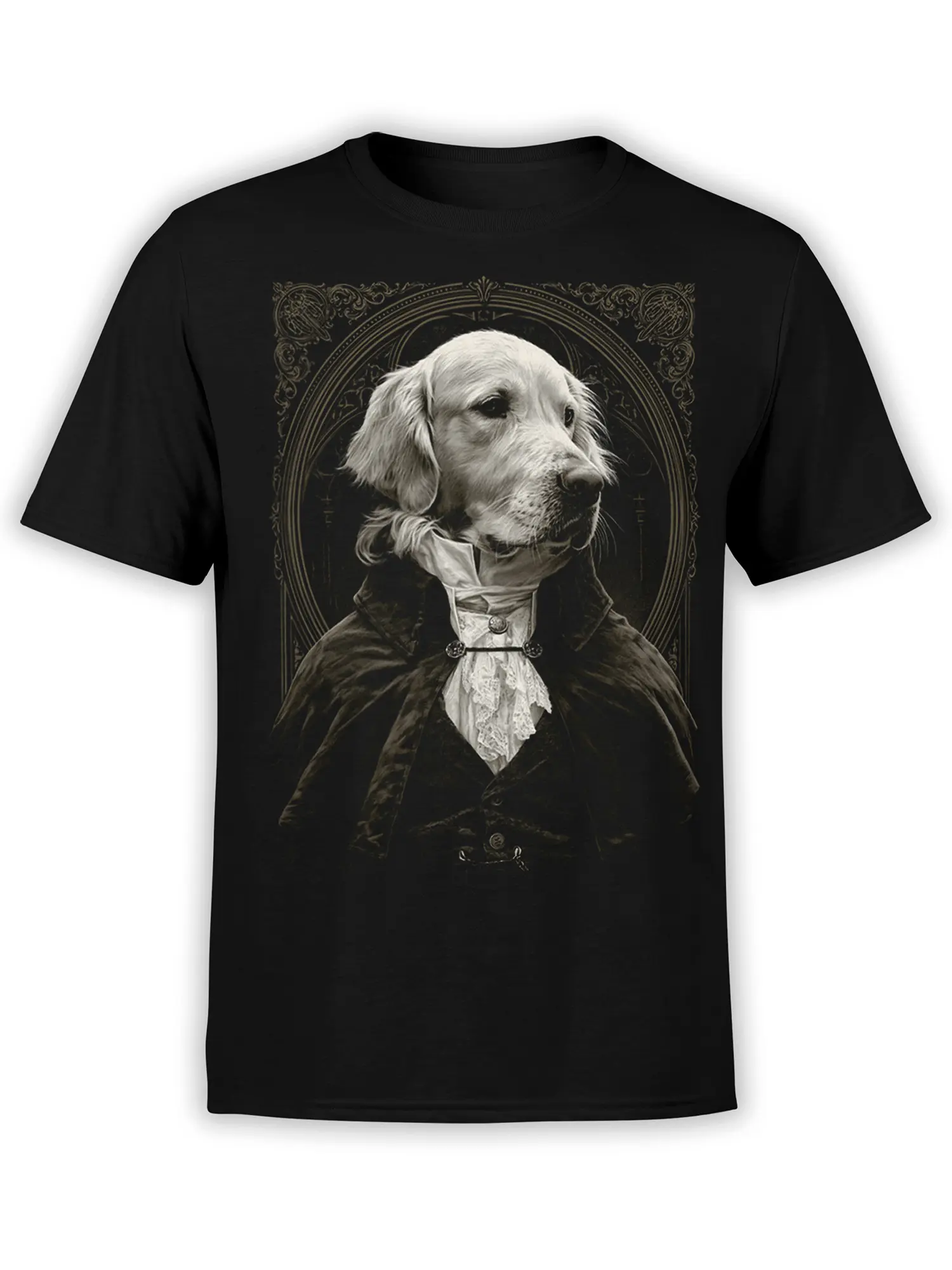 black unisex t-shirt with a vintage-style golden retriever aristocrat portrait framed in ornate baroque detail on the chest