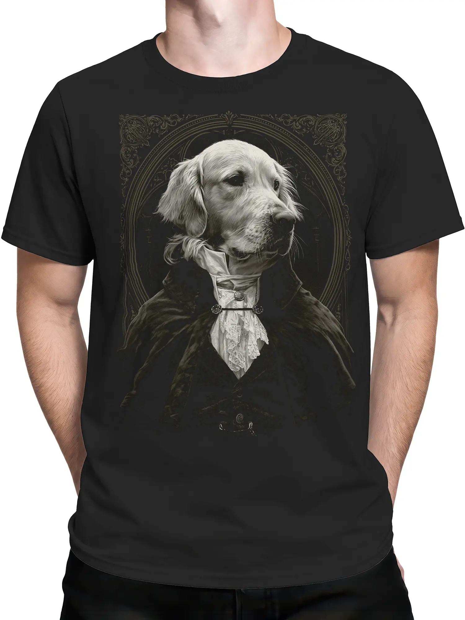 male model wearing black golden retriever aristocrat t-shirt with ornate framed portrait on front