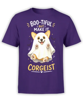 Purple unisex t-shirt with cute corgi ghost illustration and “Boo-tiful But Make It Corgeist” Halloween text in white and yellow