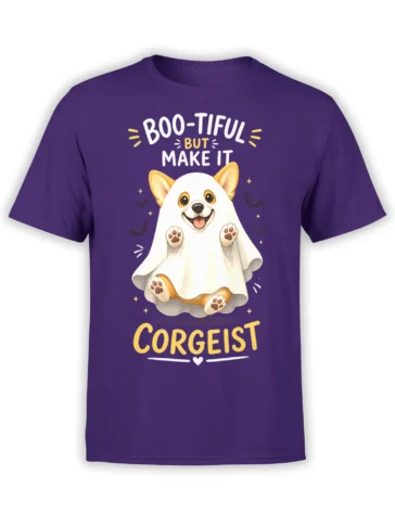 Purple unisex t-shirt with cute corgi ghost illustration and “Boo-tiful But Make It Corgeist” Halloween text in white and yellow