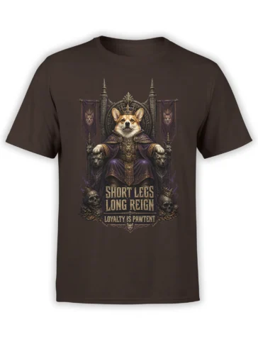 brown unisex t-shirt with detailed royal corgi king on a gothic throne and short legs long reign loyalty is pawtent text