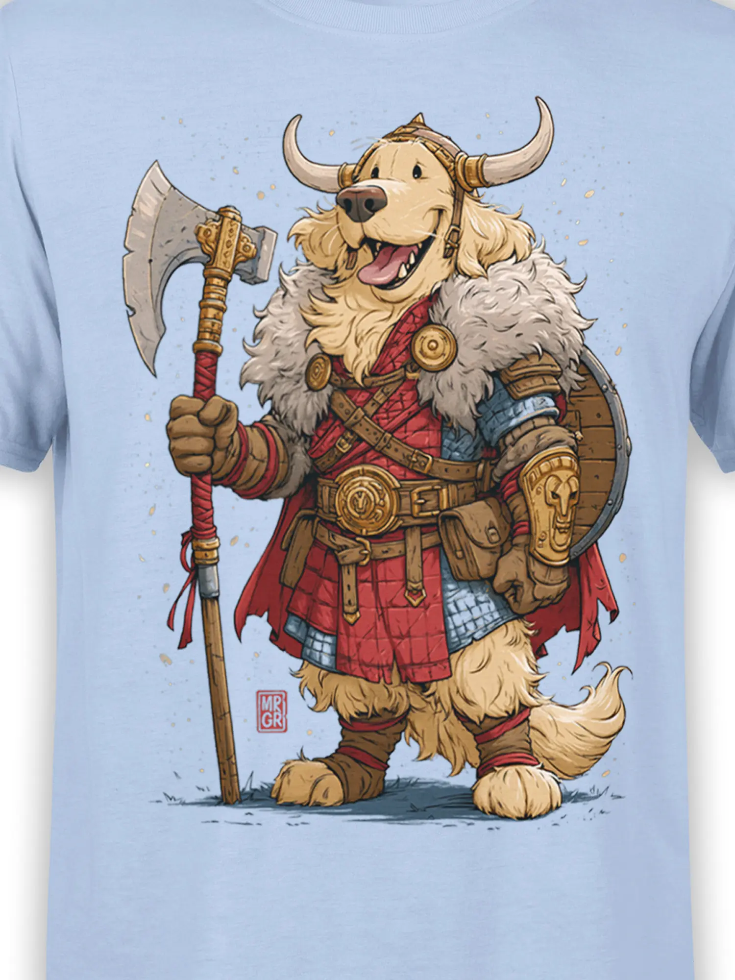 Close-up of the golden retriever Viking design showing armor details, horned helmet, axe, and shield on the light blue shirt