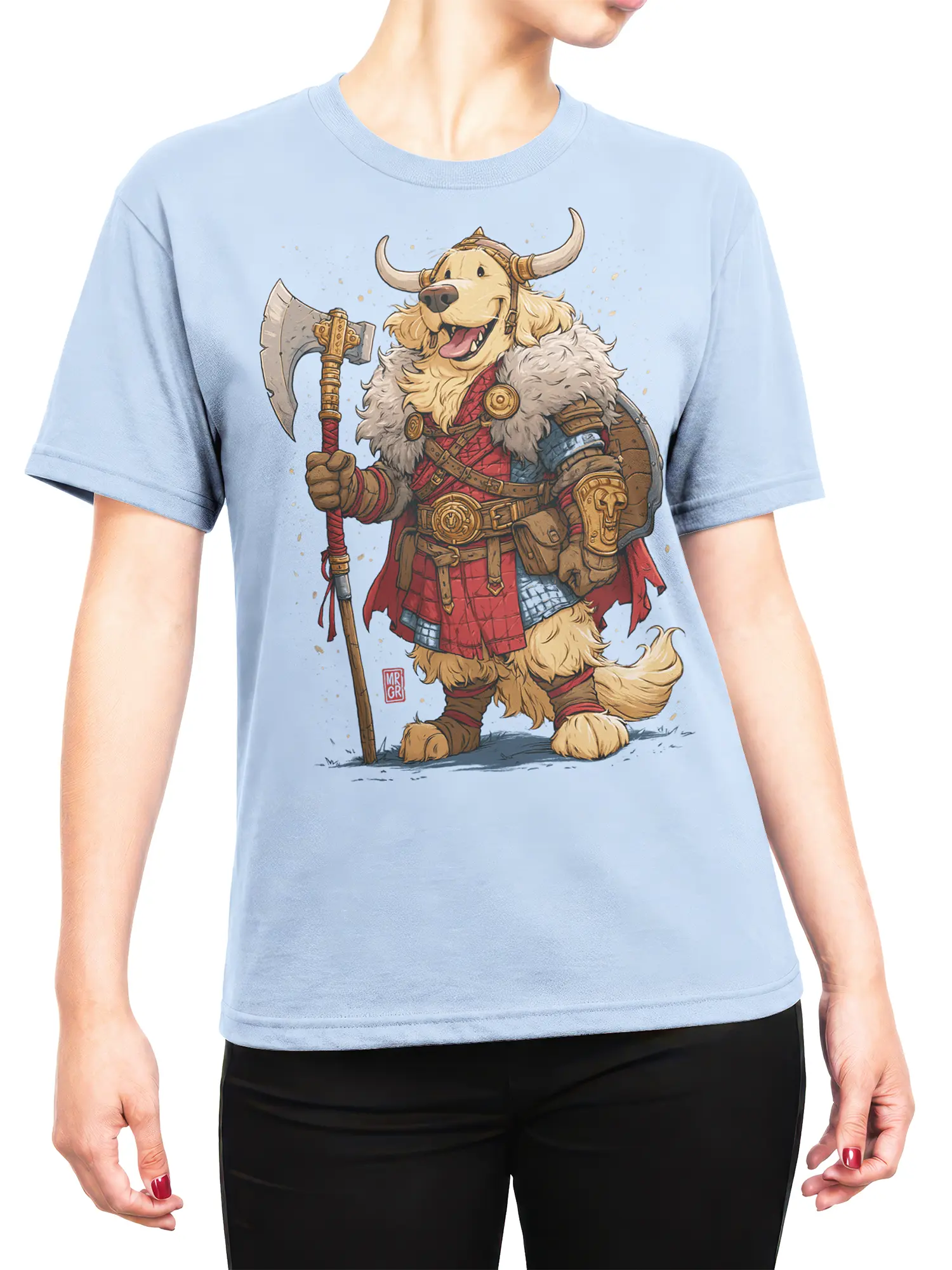 Woman wearing light blue t-shirt with golden retriever Viking warrior graphic centered on the chest
