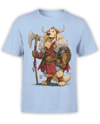 Light blue unisex t-shirt featuring a detailed golden retriever Viking warrior with axe, shield, and fur cloak in vibrant fantasy style