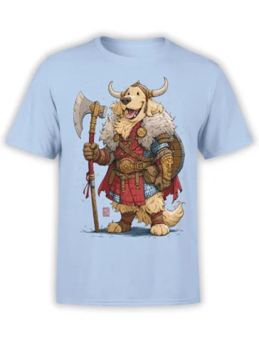 Light blue unisex t-shirt featuring a detailed golden retriever Viking warrior with axe, shield, and fur cloak in vibrant fantasy style