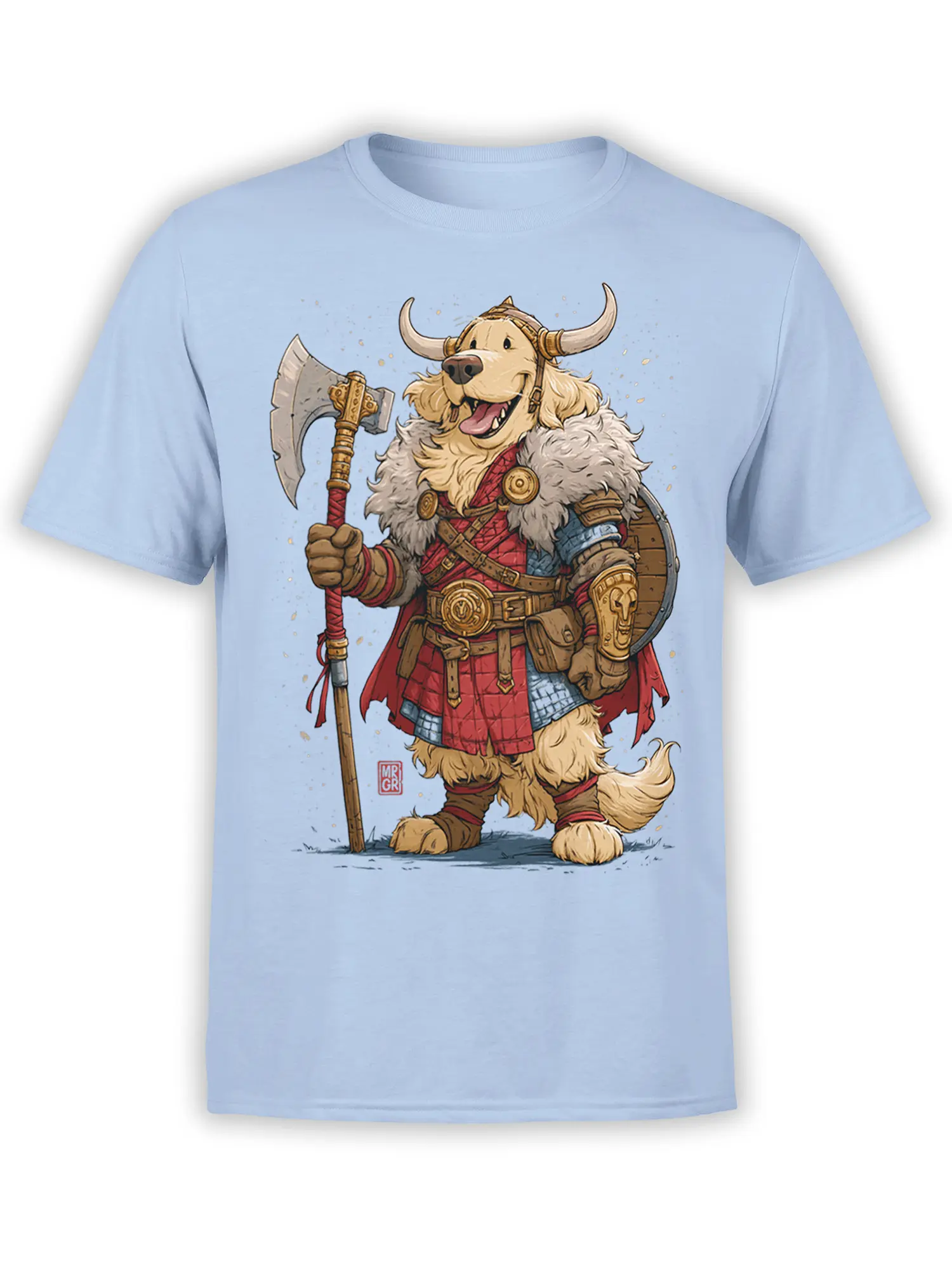 Light blue unisex t-shirt featuring a detailed golden retriever Viking warrior with axe, shield, and fur cloak in vibrant fantasy style