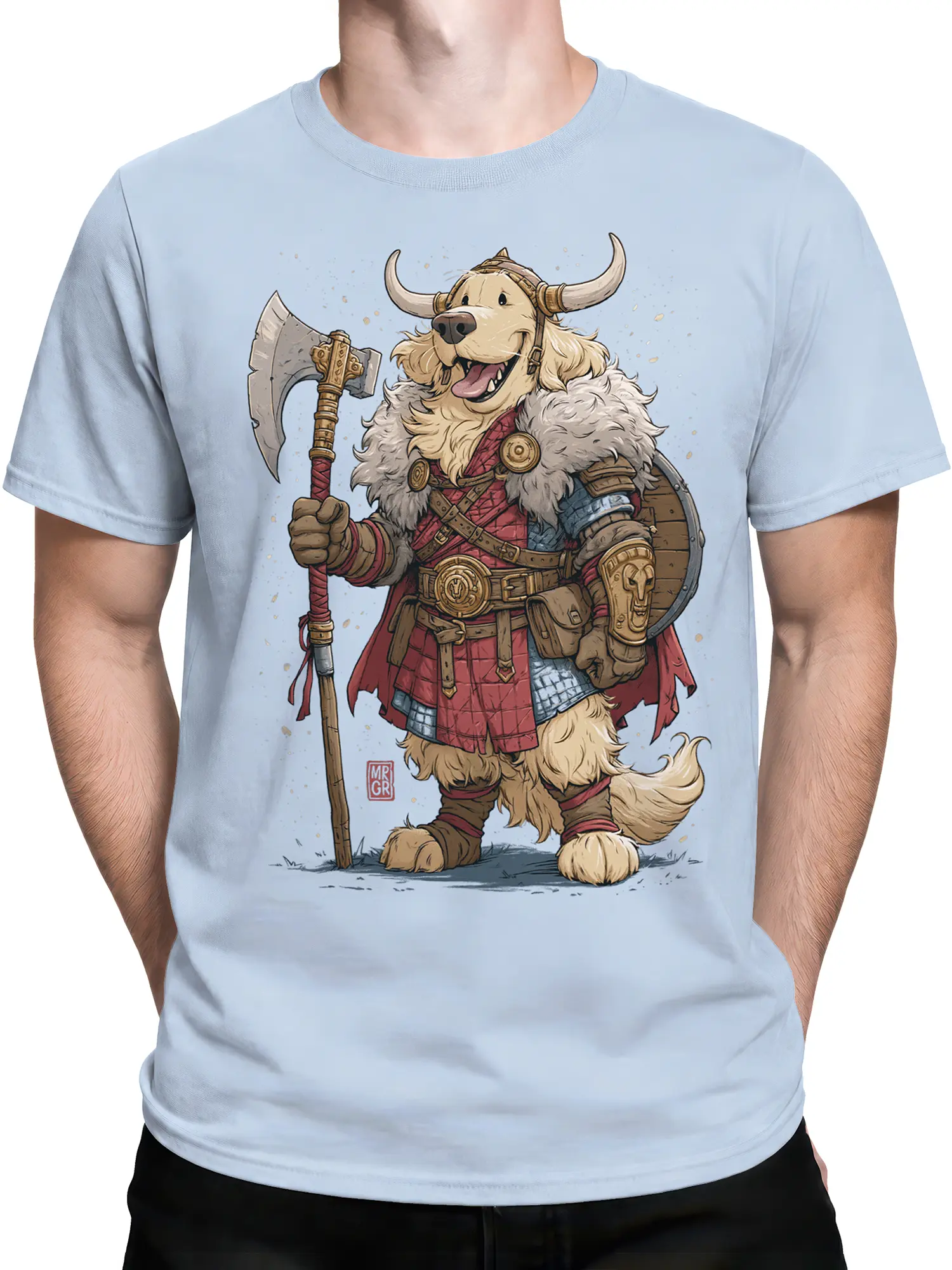 Man wearing light blue t-shirt with golden retriever Viking warrior holding axe and shield