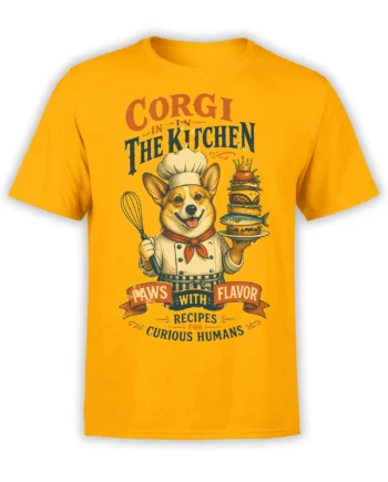 yellow unisex t-shirt with a vintage corgi chef design holding a whisk and stacked burger with fish and crown