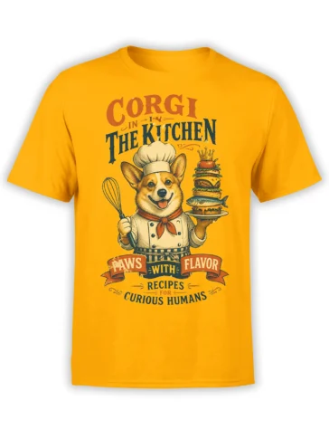 yellow unisex t-shirt with a vintage corgi chef design holding a whisk and stacked burger with fish and crown