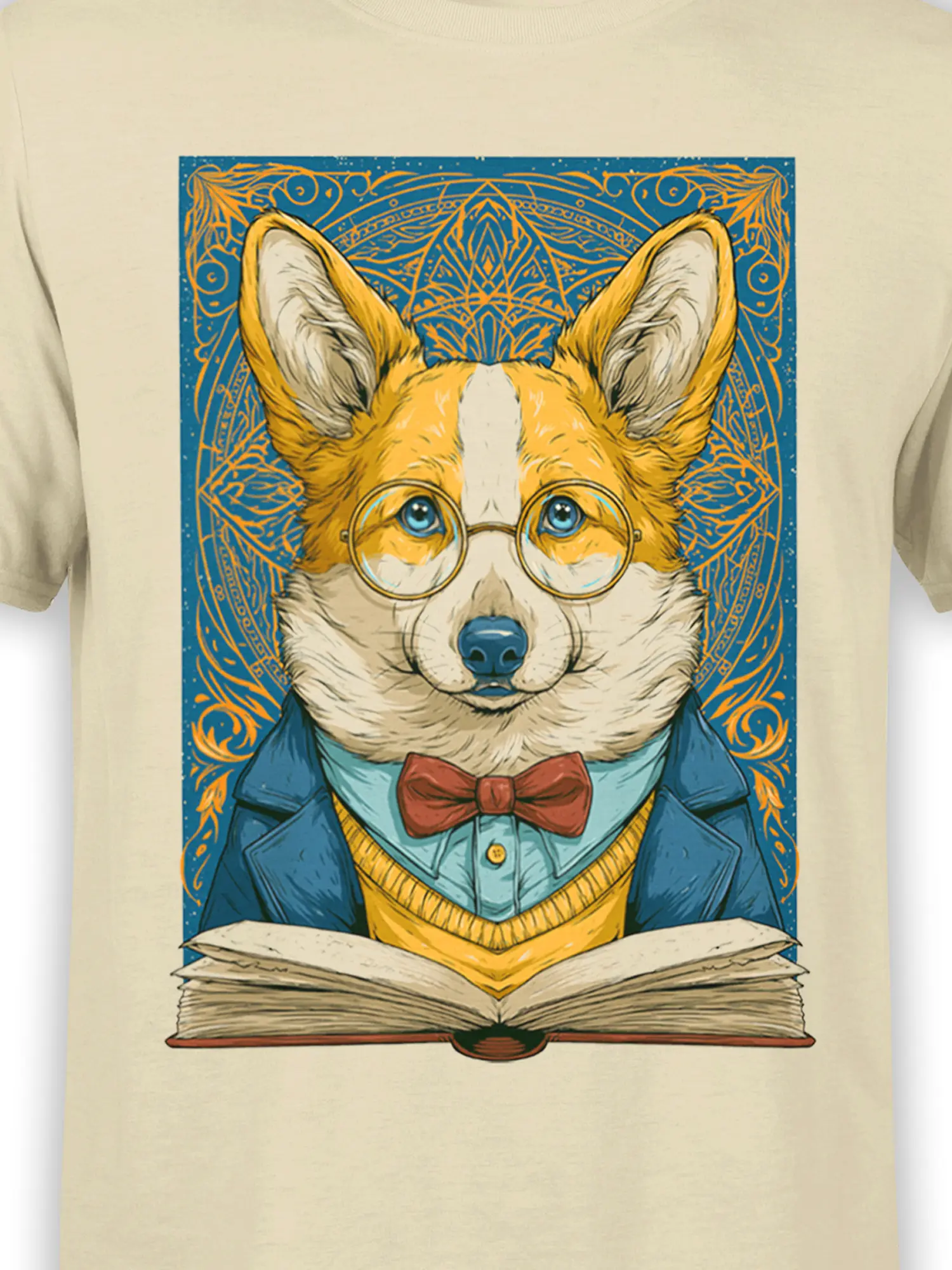 Close-up of the professor corgi design with glasses, bow tie and open book on the beige shirt showing fine linework and colors